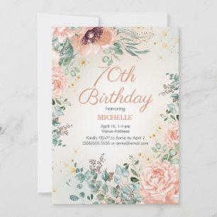 Pink Floral Gold Glitter 70th Birthday Invitation