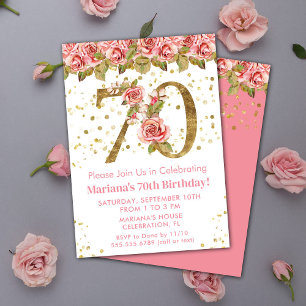 Pink Floral Gold Glitter 70th Birthday Party Invitation