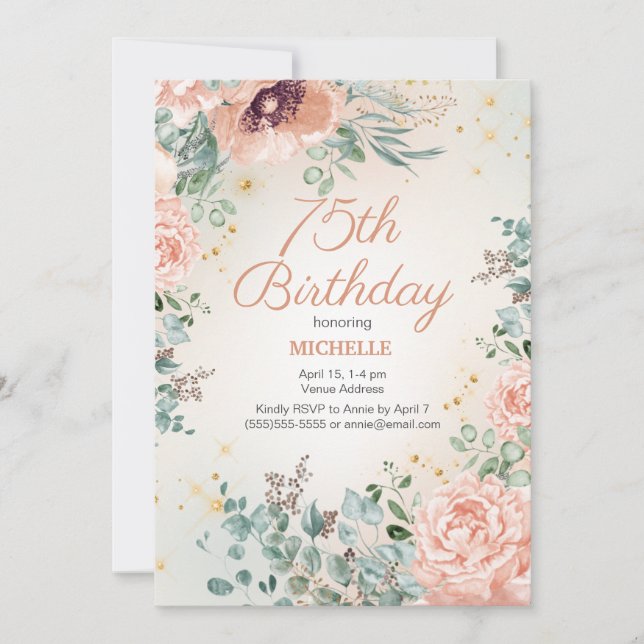Pink Floral Gold Glitter 75th Birthday Invitation (Front)