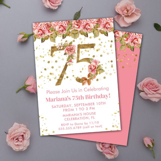 Pink Floral Gold Glitter 75th Birthday Party Invitation (Creator Uploaded)