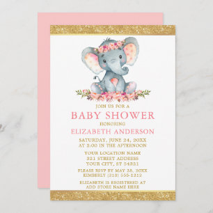 Pink Floral Gold Glitter Baby Shower Elephant Invitation