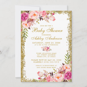 Pink Floral Gold Glitter Baby Shower Invitation