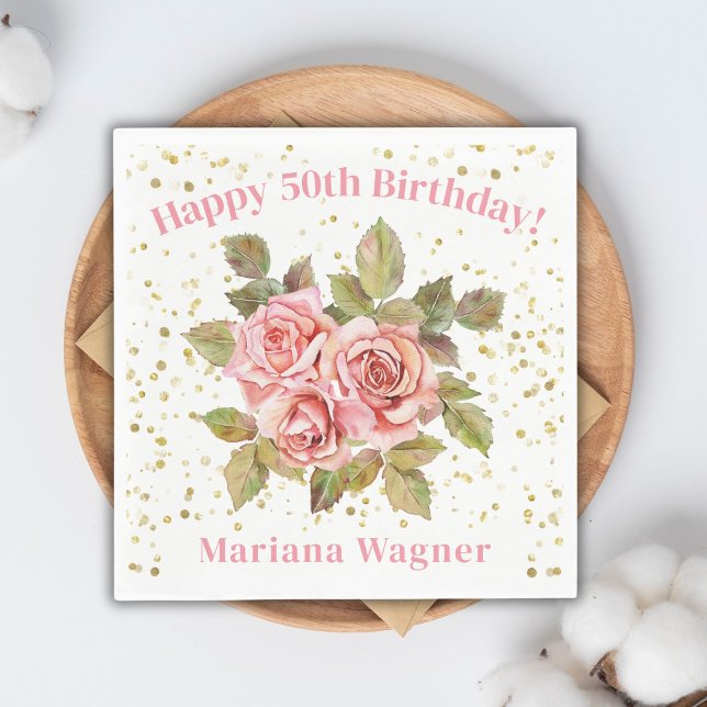 Pink Floral Gold Glitter Birthday Party Napkin (Creator Uploaded)