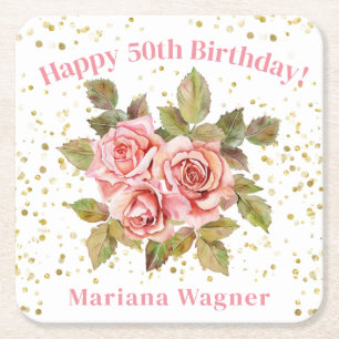 Pink Floral Gold Glitter Birthday Party Square Paper Coaster