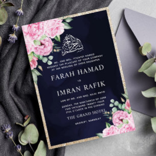 Pink Floral Gold Glitter Blue Muslim Wedding Invitation