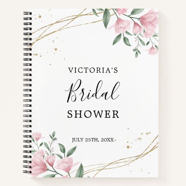 Pink Floral Gold Glitter Bridal Shower Gift List Notebook (Front)