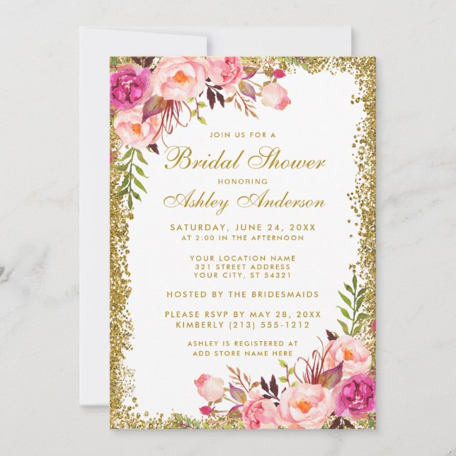 Pink Floral Gold Glitter Bridal Shower Invitation (Front)