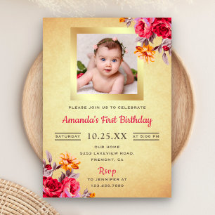 Pink Floral Gold Glitter First Birthday Invitation