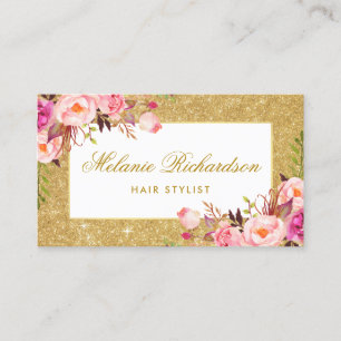 Pink Floral Gold Glitter Hair Stylist Appointment Card