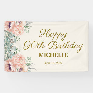 Pink Floral Gold Glitter Happy 90th Birthday  Banner