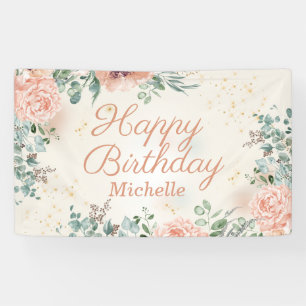 Pink Floral Gold Glitter Happy Birthday Script Banner