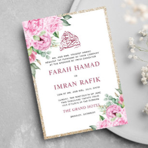 Pink Floral Gold Glitter Islamic Muslim Wedding Invitation