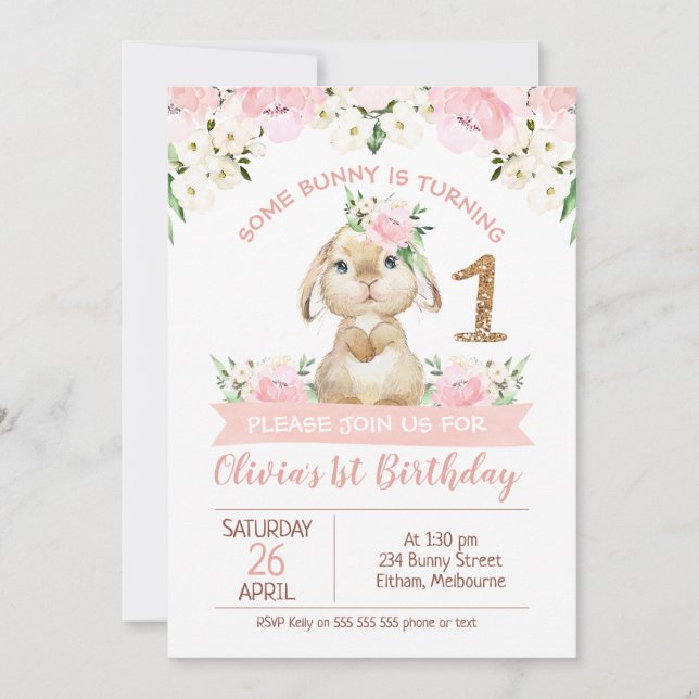 Pink Floral Gold Glitter One Some Bunny Birthday Invitation (Front)