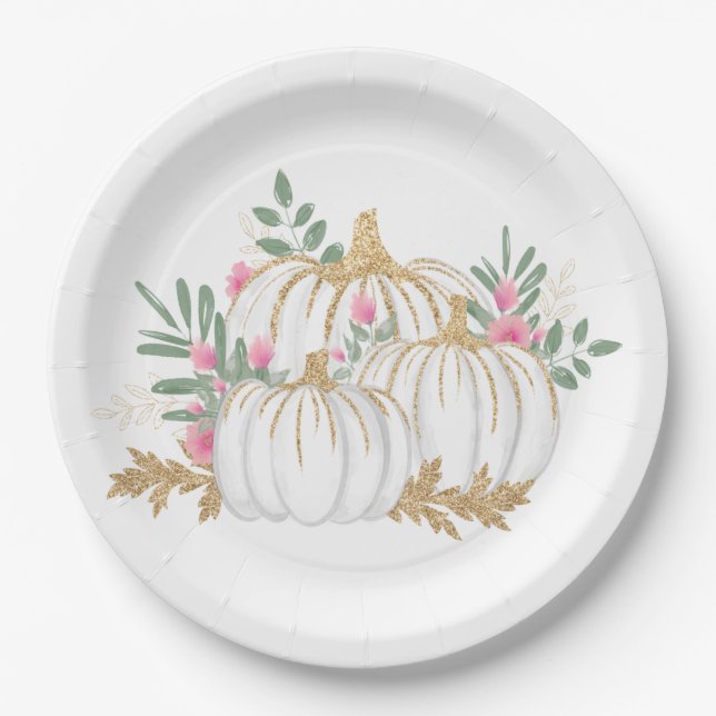 Pink Floral Gold Glitter Pumpkins Fall Wedding Paper Plate (Front)
