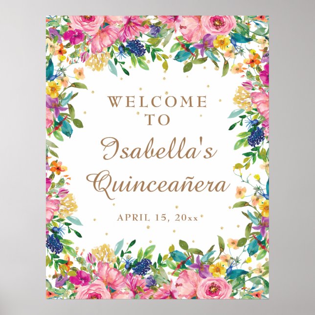 Pink Floral Gold Glitter Quinceañera Welcome  Poster (Front)