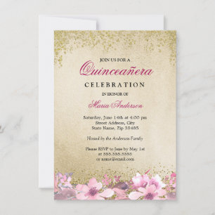 Pink Floral Gold Glitter Shimmer Quinceanera Invitation