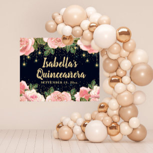 Pink Floral Gold Glitter Stars Black Quinceañera Poster