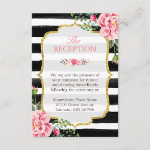 Pink Floral Gold Glitter Stripes Wedding Reception Enclosure Card
