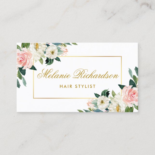 Pink Floral Gold Hair Stylist Appointment Card (Front)