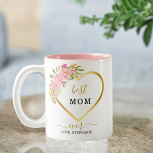Pink Floral Gold Heart Best Mum Ever Two-Tone Coffee Mug