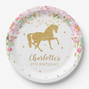 Pink Floral Gold Horse Birthday Baby Shower Paper Plate