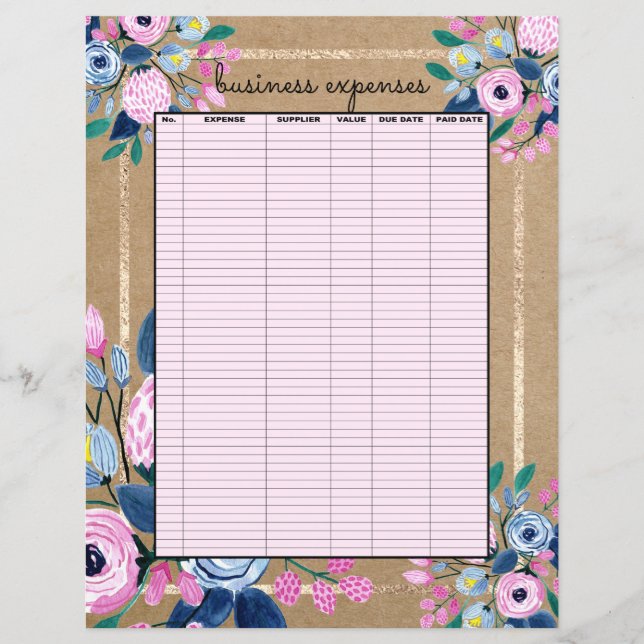 Pink Floral Gold Kraft Paper Business Expenses (Front)