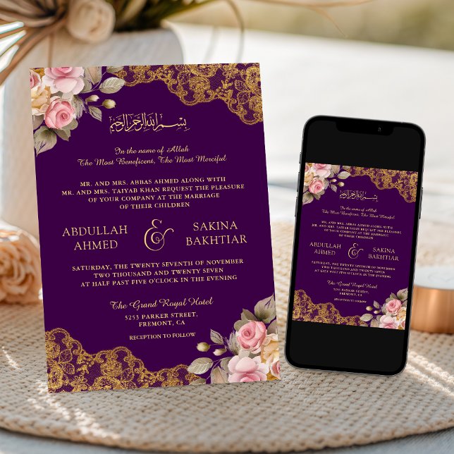Pink Floral Gold Lace Purple Muslim Wedding Invitation (Creator Uploaded)