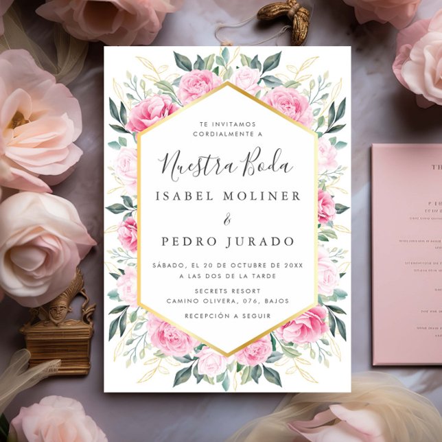 Pink Floral Gold Leaves Nuestra Boda Wedding Invitation (Creator Uploaded)