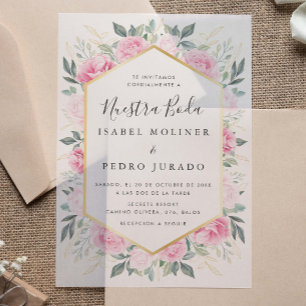 Pink Floral Gold Leaves Nuestra Boda Wedding Vellum Invitations