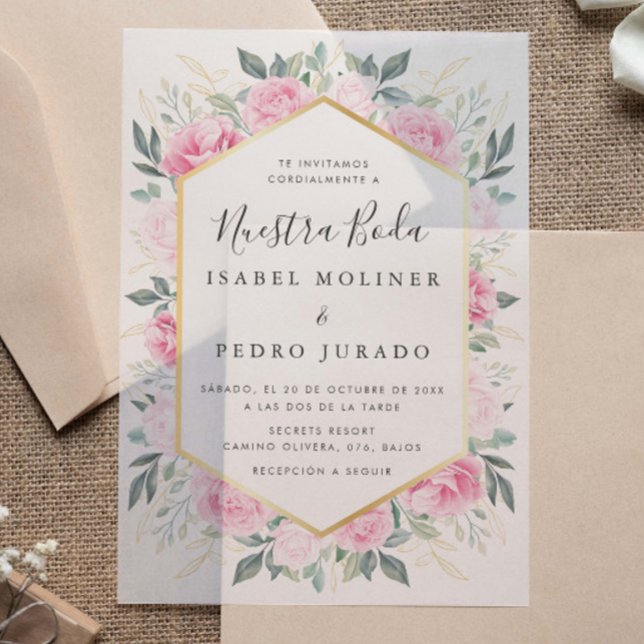Pink Floral Gold Leaves Nuestra Boda Wedding Vellum Invitations (Creator Uploaded)