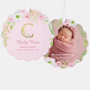 Pink Floral Gold Letter "C" Monogram Birth Stats Tree Decoration Card