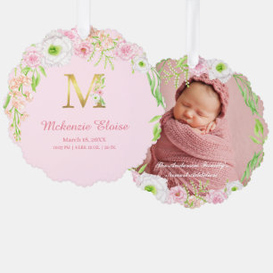 Pink Floral Gold Letter "M" Monogram Birth Stats Tree Decoration Card