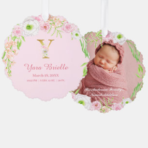 Pink Floral Gold Letter "Y" Monogram Birth Stats Tree Decoration Card