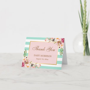 Pink Floral Gold Mint Green Stripes Thank You Card