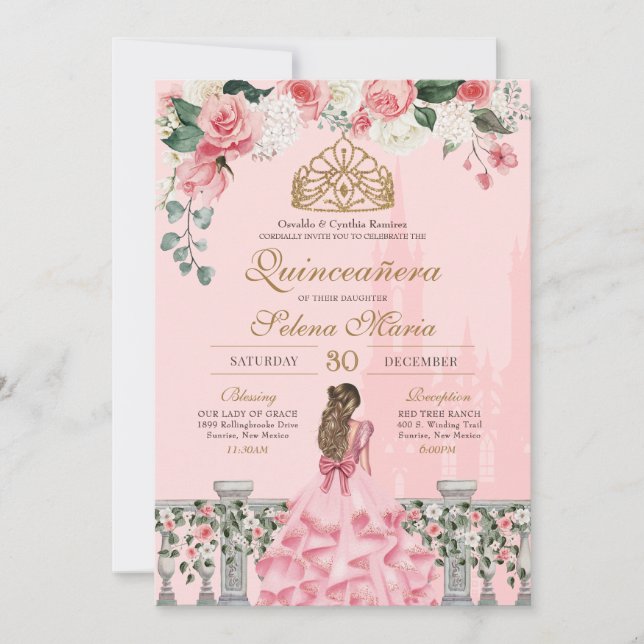 Pink Floral & Gold Princess Fairytale Quinceanera Invitation (Front)