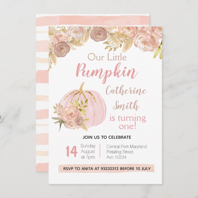 Pink Floral Gold Pumpkin 1st Birthday Invitation (Front/Back)