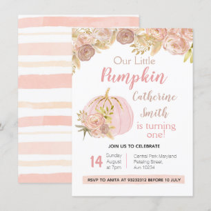 Pink Floral Gold Pumpkin 1st Birthday Invitation