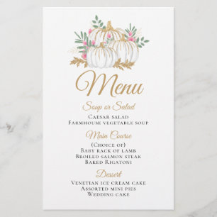 Pink Floral Gold Pumpkin Fall Wedding Menu