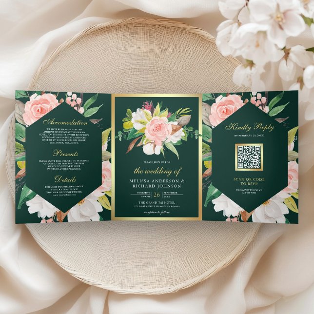 Pink Floral Gold QR Code Emerald Green Wedding Tri-Fold Invitation (Creator Uploaded)
