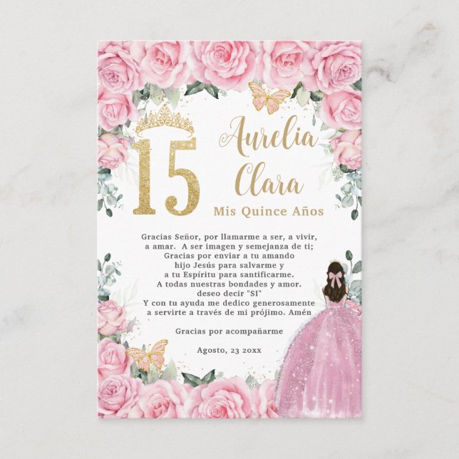 Pink Floral Gold Quinceañera Quince 15 Prayer Card (Front)