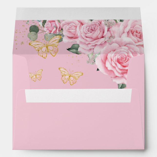 Pink Floral Gold Quinceañera Sweet 16 Butterflies Envelope (Back (Bottom))