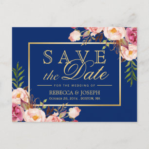 Pink Floral Gold Royal Navy Blue - Save the Date Announcement Postcard