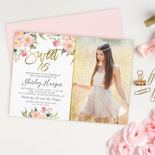 Pink Floral Gold Script Sweet 16 Birthday Photo Invitation (Creator Uploaded)