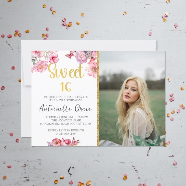 Pink Floral Gold Script Sweet 16 Birthday Photo Invitation (Creator Uploaded)