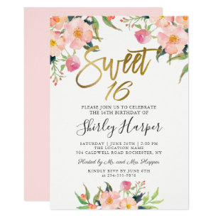 Pink Floral Gold Script Sweet Sixteen 16 Birthday Invitation