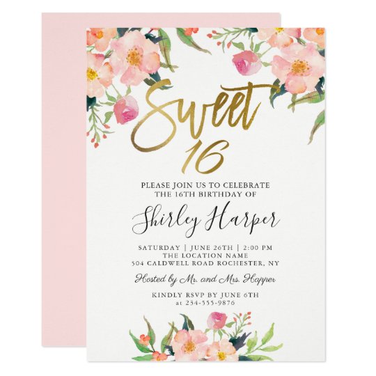 Pink Floral Gold Script Sweet Sixteen 16 Birthday Invitation
