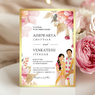 Pink Floral Gold South Indian Couple Wedding Invitation