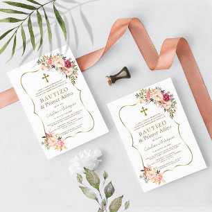 Pink Floral Gold Spanish Girl 1st Birthday Baptism Invitation