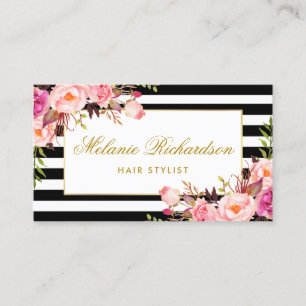 Pink Floral Gold Stripes Hair Stylist Appointment Card