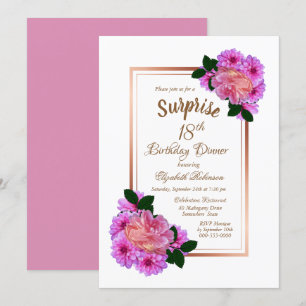 Pink Floral Gold Surprise 18th Birthday Dinner Invitation